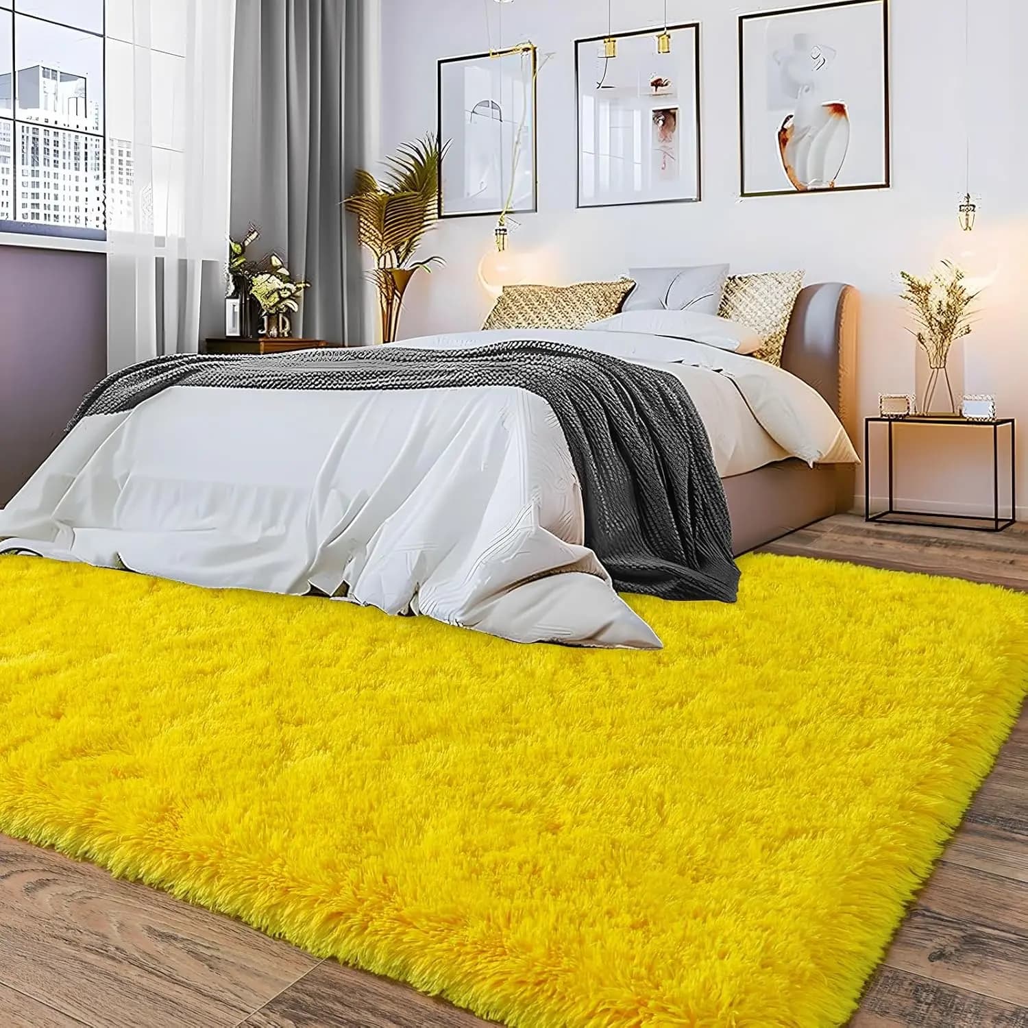 Soft Yellow Plush Area Rug Non-Slip