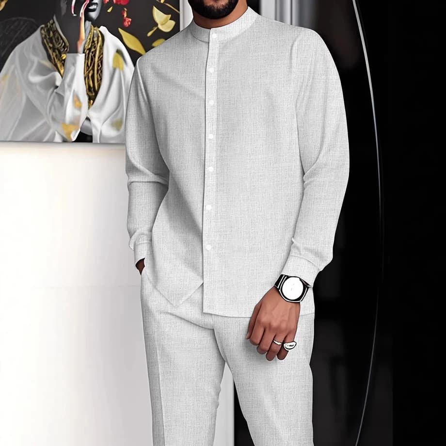 Ethnic Stand Collar Shirt and Pants Set