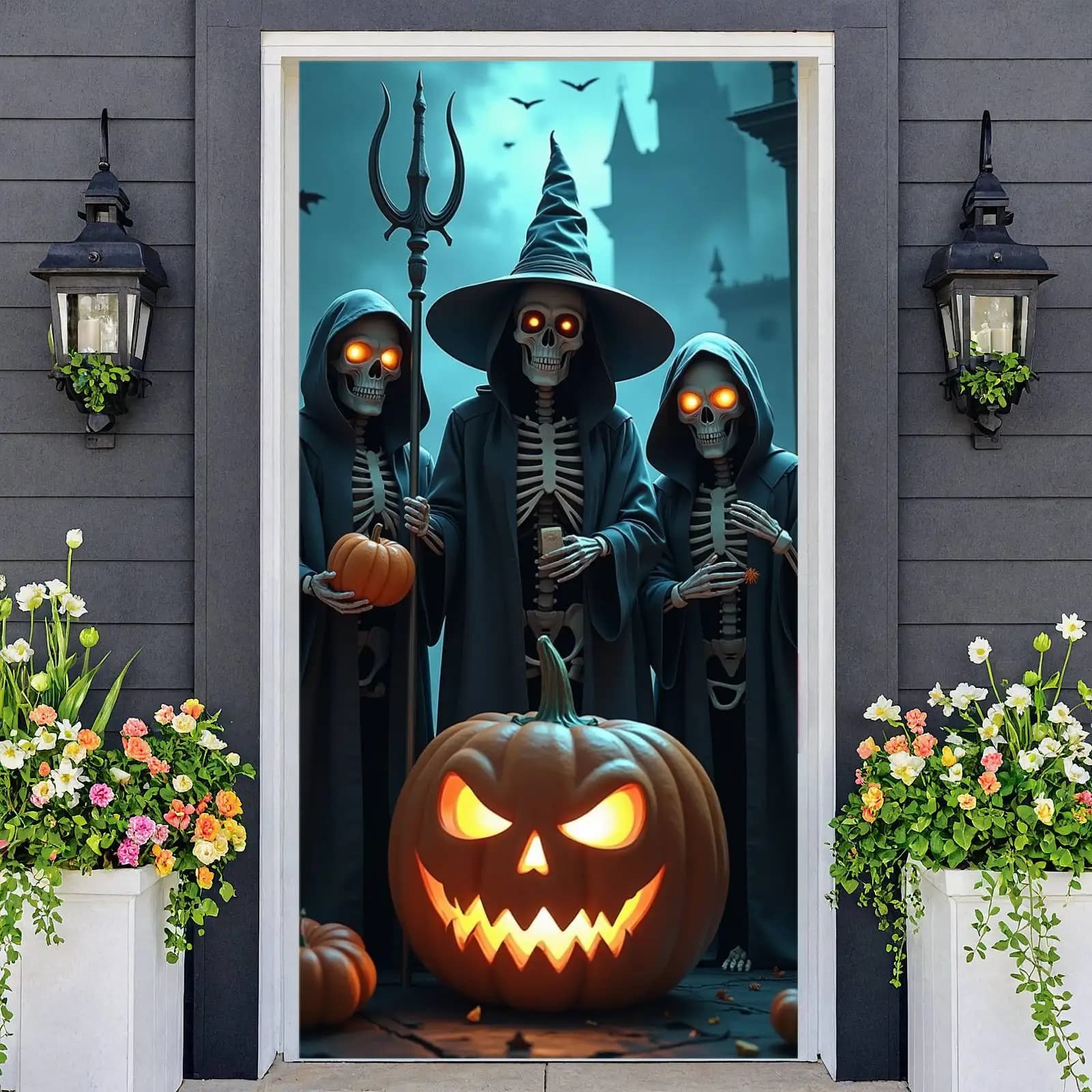 Halloween Skeleton Jack O Lantern Door Cover