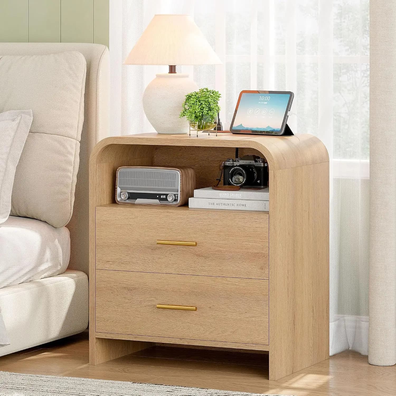 Nightstand w/ Charging Station & 2 Drawers, 25'' Tall Bedside Table, 23.6'' End Table, Curved Profile, Light Oak, Customized