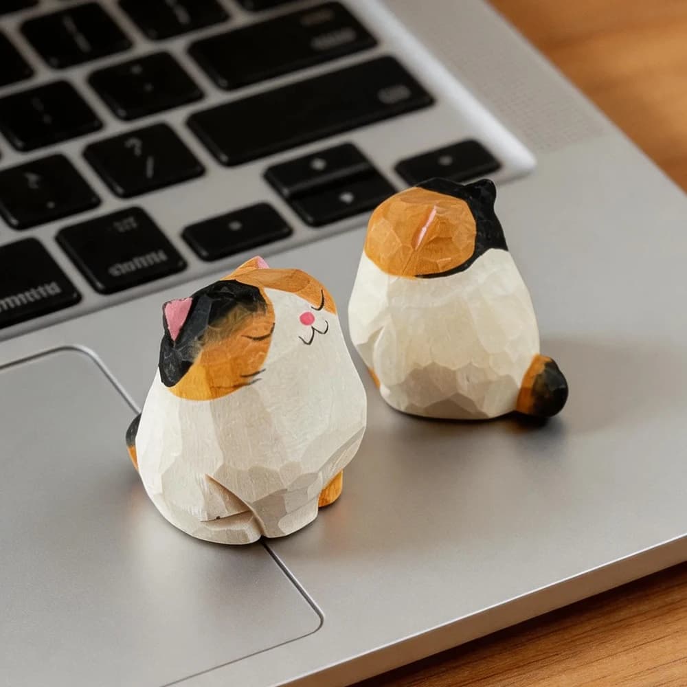 Hand Carved Wooden Cat Figurines Cute Kitten Statue with Mini Bench Home Orange Calico Cat Ragdoll Cat Desktop Ornament Gift