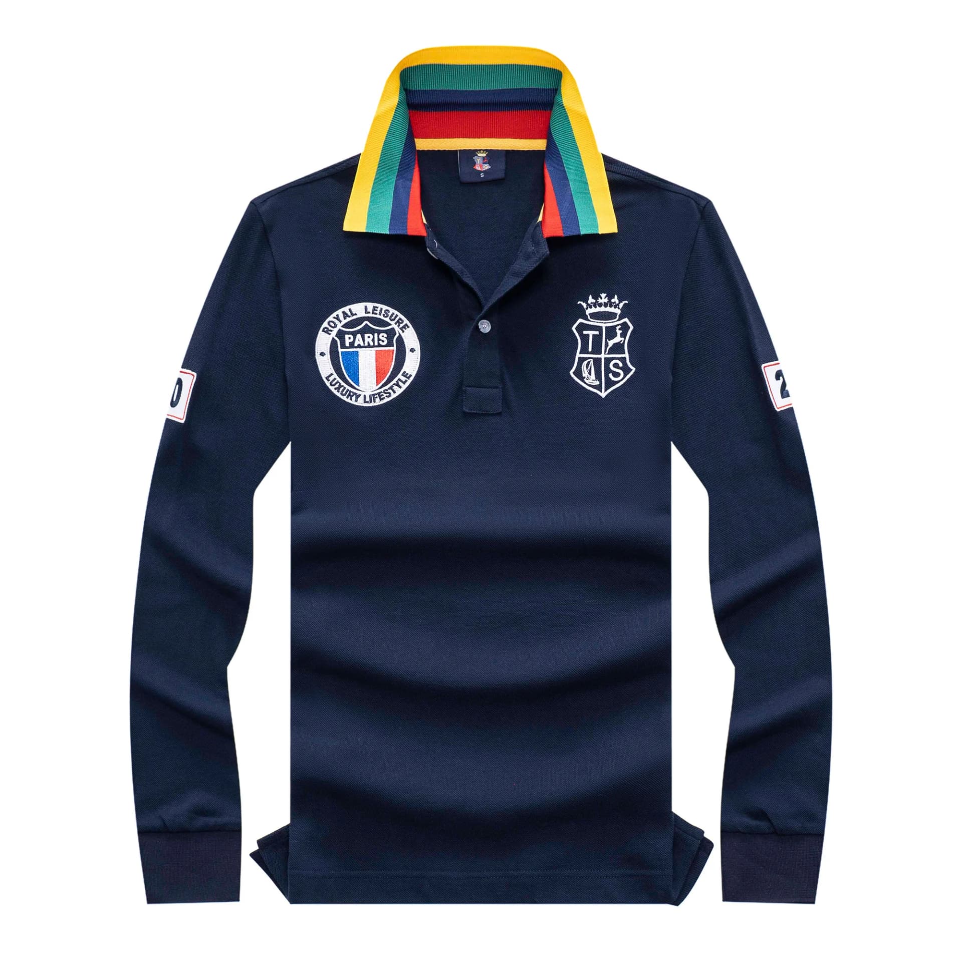 Navy Cotton Long Sleeve Polo Shirt with Paris Embroidery