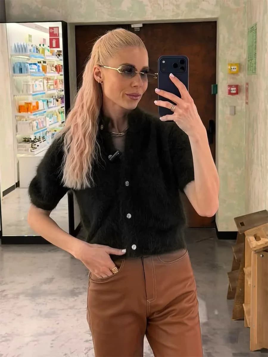 Women Fall Winter Fashion Vintage Half High Neck Slim Short Sleeve Knitted Cardigan Sweater