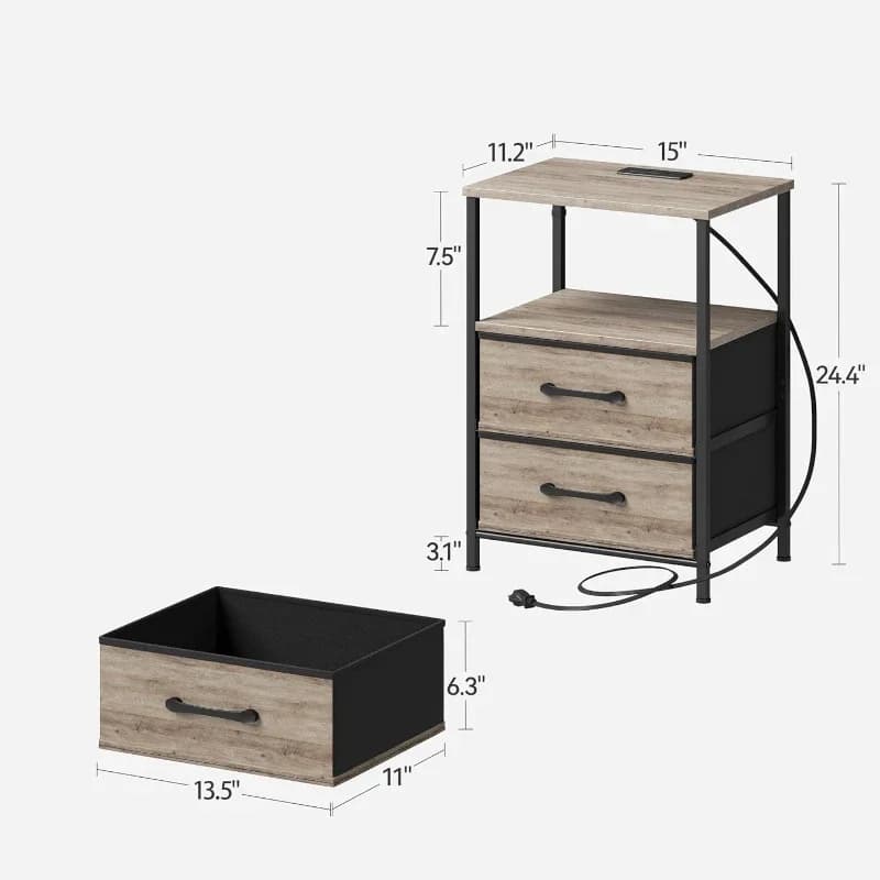 Nightstands Set Charging Station Cool Lights Bedside Table Fabric Drawers Bedroom Small Side End Table With Open Shelf Greige