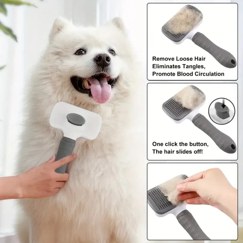 Pet Grooming Brush with One-Click Hair Removal, Bent Needle Massaging Comb for Dogs & Cats
