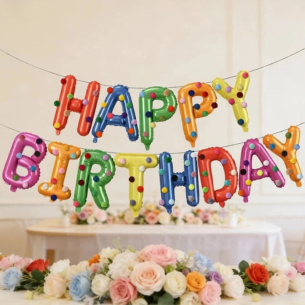 Birthday Party Decoration Set, Rainbow Balloons, Felt Ball Mix, Premium Foil Pull-Up Banner, Happy Birthday Wall Decoration