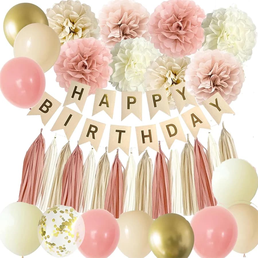Boho Party Decorations Retro Pink Dusty Rose Blush Nude Tan Ivory Banner Balloons Women, 15th, 21st, 30th Birthday,Neutral Party