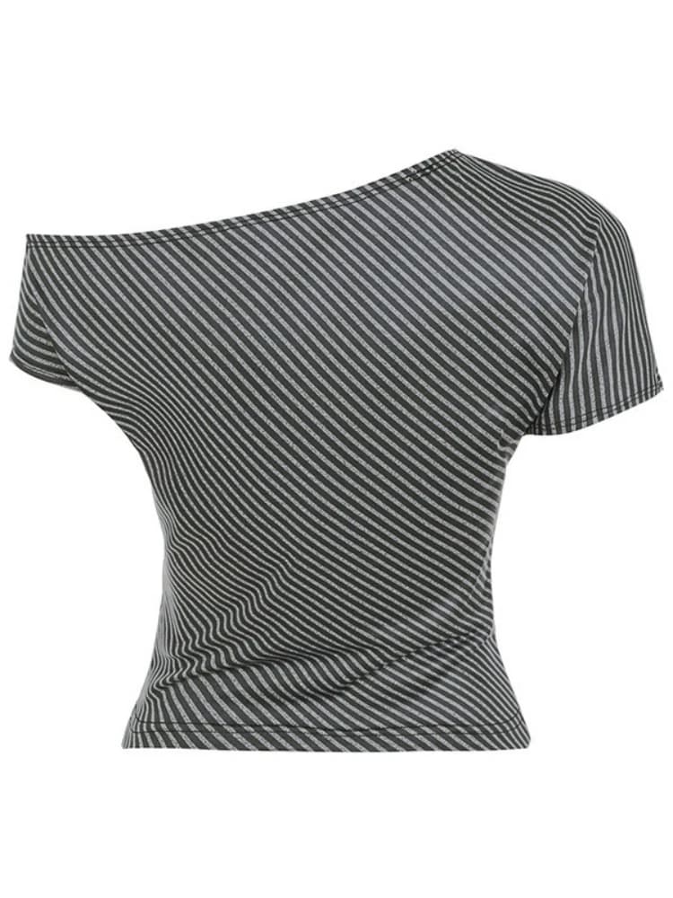 Striped Crop Top With Inclined Collar