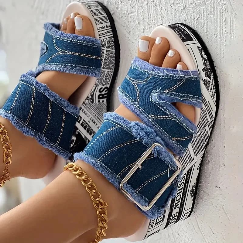 Women's Buckled Denim Platform Wedge Sandals