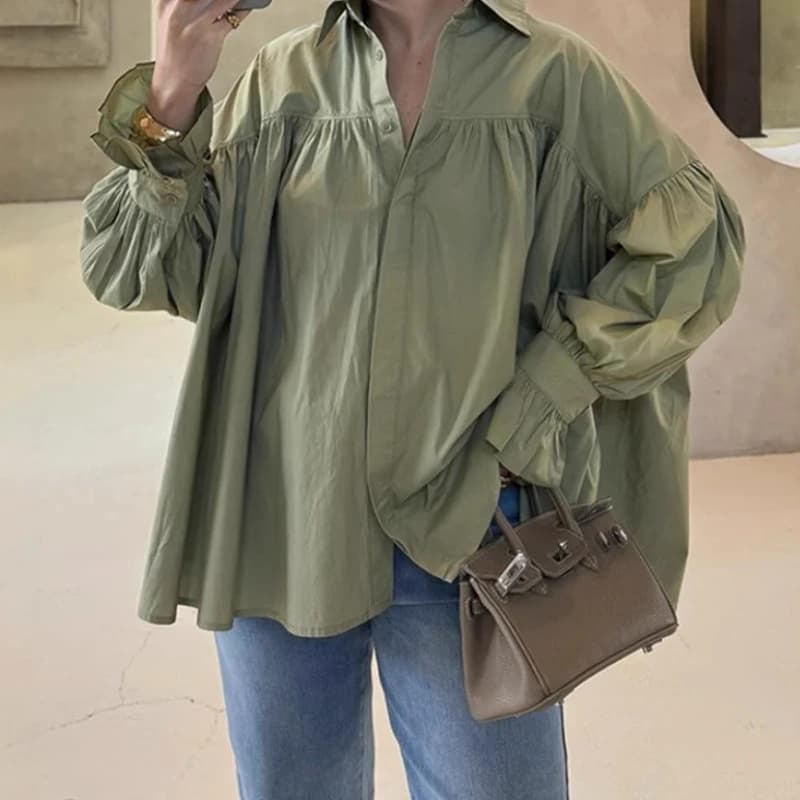 Women's Fashion 2025, Two-color Chiffon Shirt with Drop Shoulder, Lantern Long Sleeves, Loose Fit, Single-breasted.