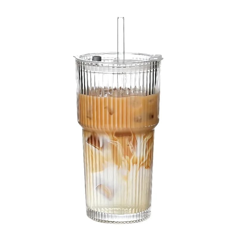 Striped Glass Coffee Cup with Lid and Straw
