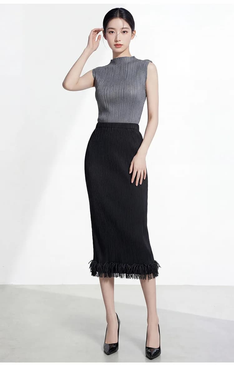 Black Pleated Pencil Skirt with Elastic Waist