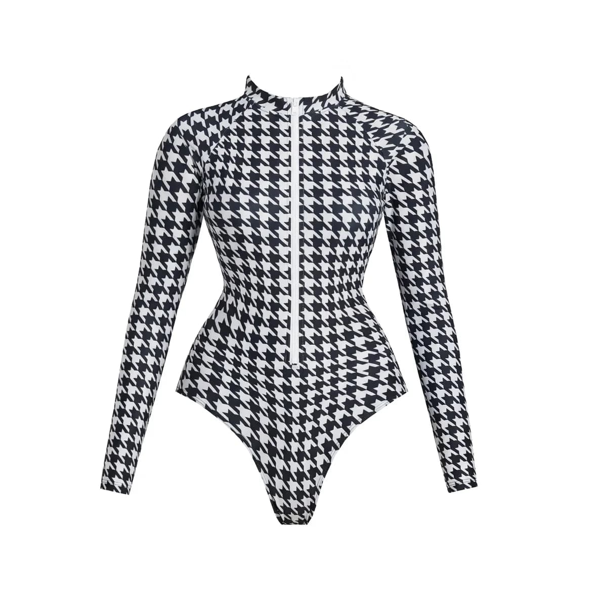 Black White Patchwork Long Sleeve One-Piece Swimsuit