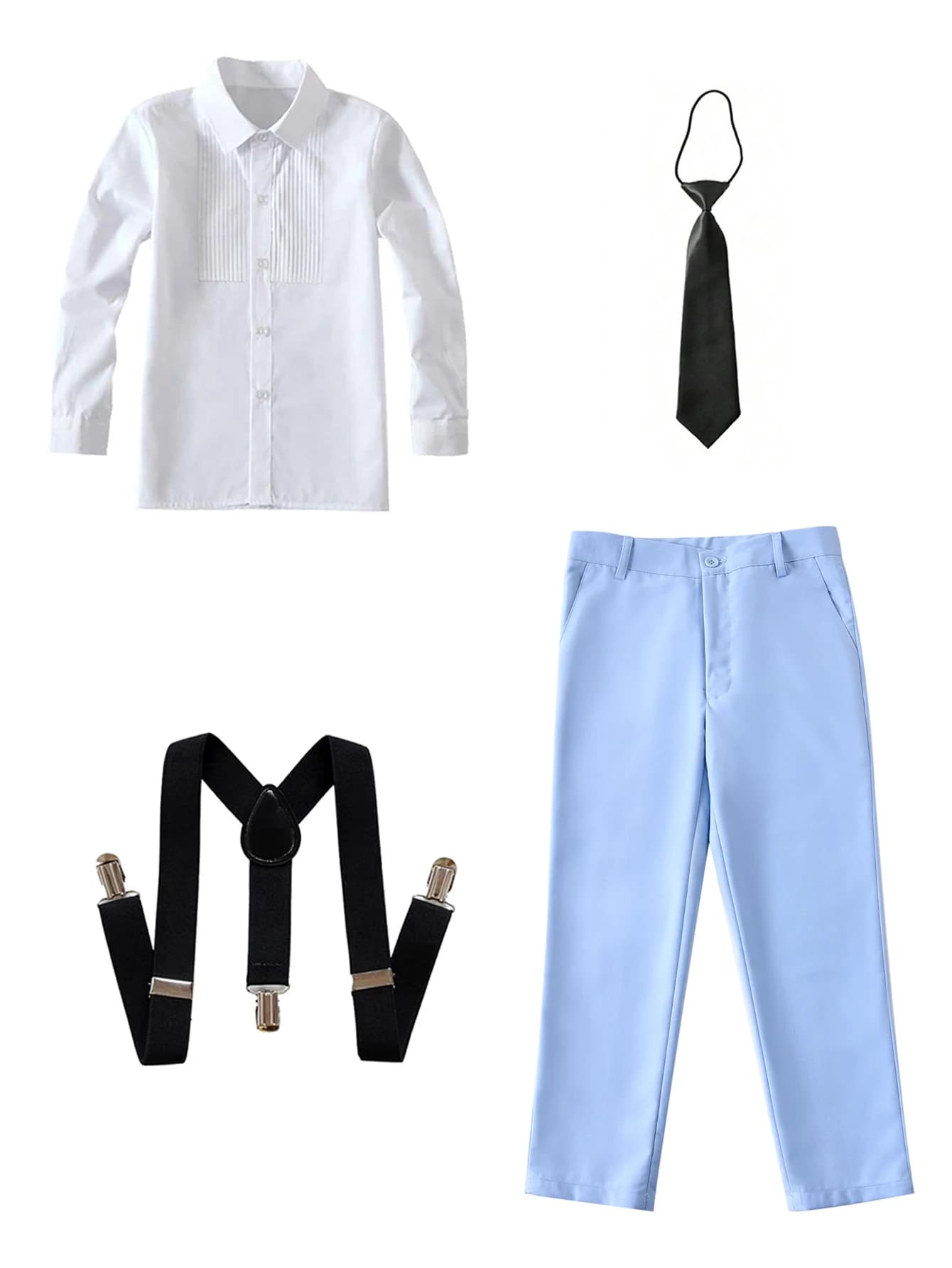 4pcs/set Boys' Suit Set With  Shirt , Pants  Tie And Straps School Uniforms