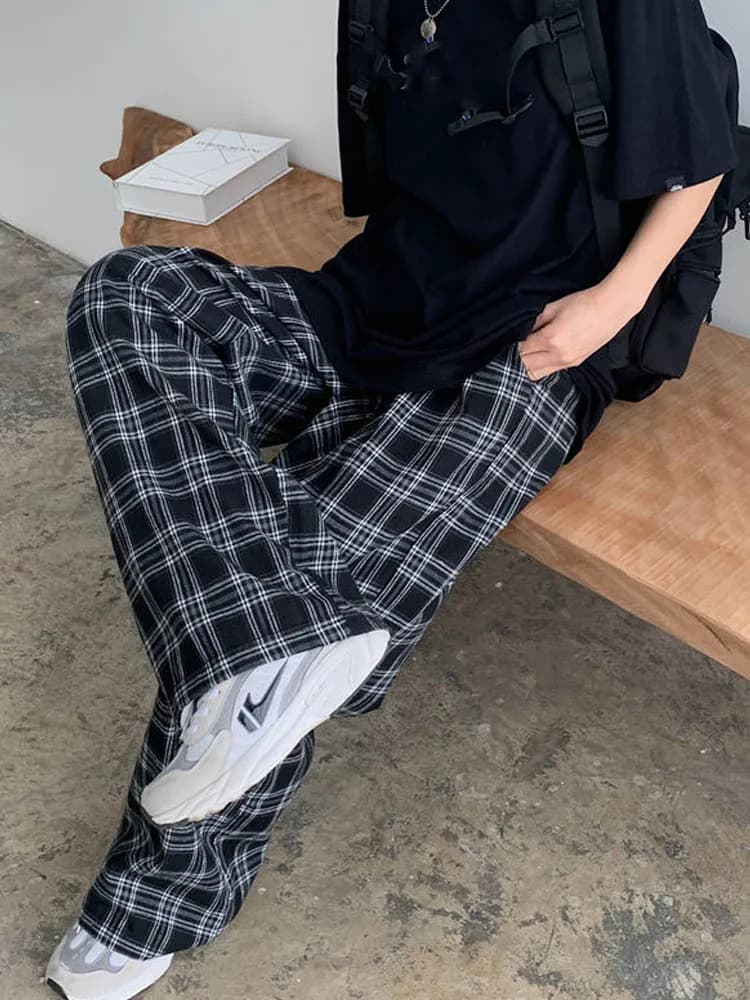 Black Plaid Wide-Leg Casual Pants