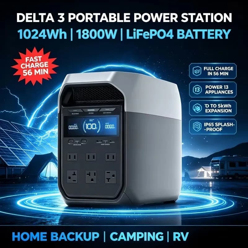 Delta 3 Portable Power Station, 1024Wh 1800W LiFePO4 Battery, Full Charge in 56 Min,1800W AC/100W USB-C Output, Solar Generator