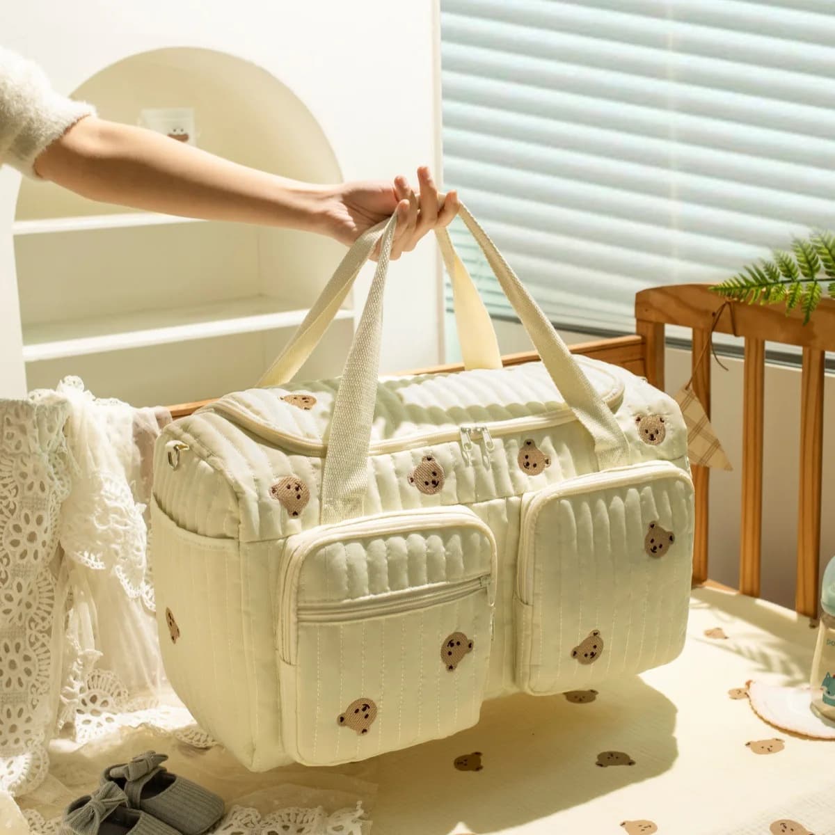 Large Cotton Diaper Bag Tote with Shoulder Straps
