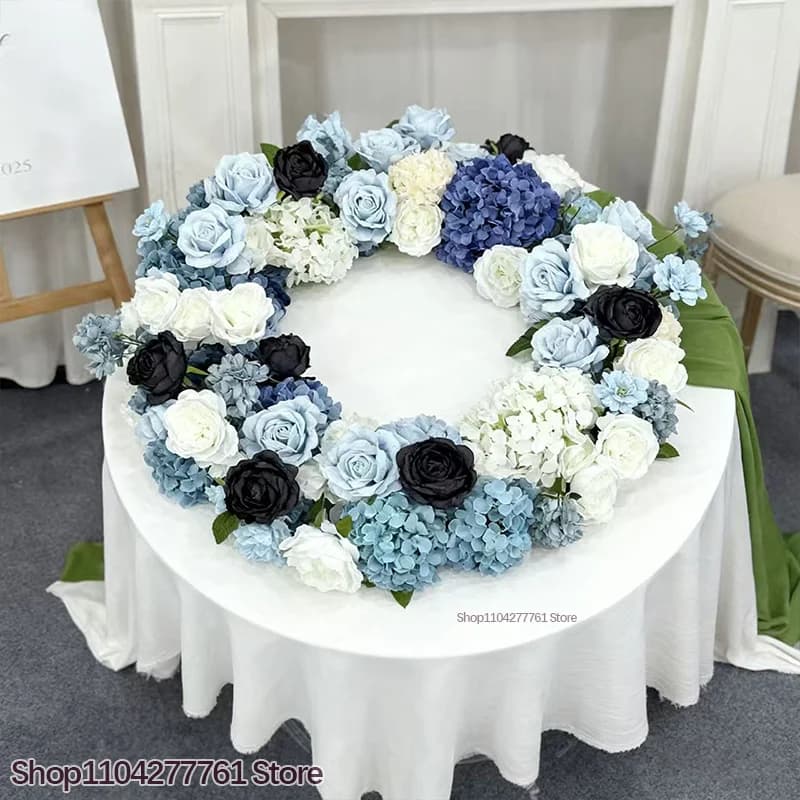 Wedding Decor Artificial Flower Row Arrangement Navy Blue/Light Blue/black Table Runner Flower Party Event Backdrop Wall Layout