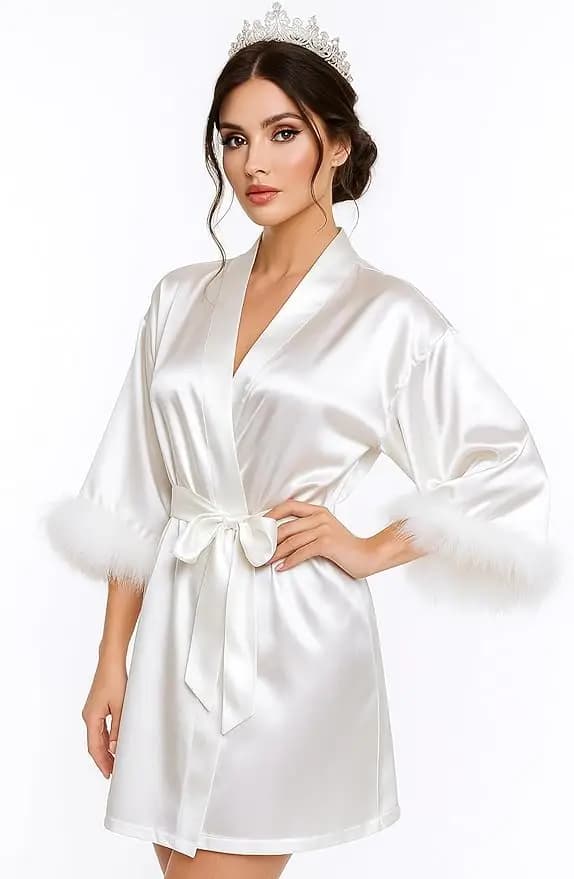 Bride Satin Kimono Robe with Feather Sleeves