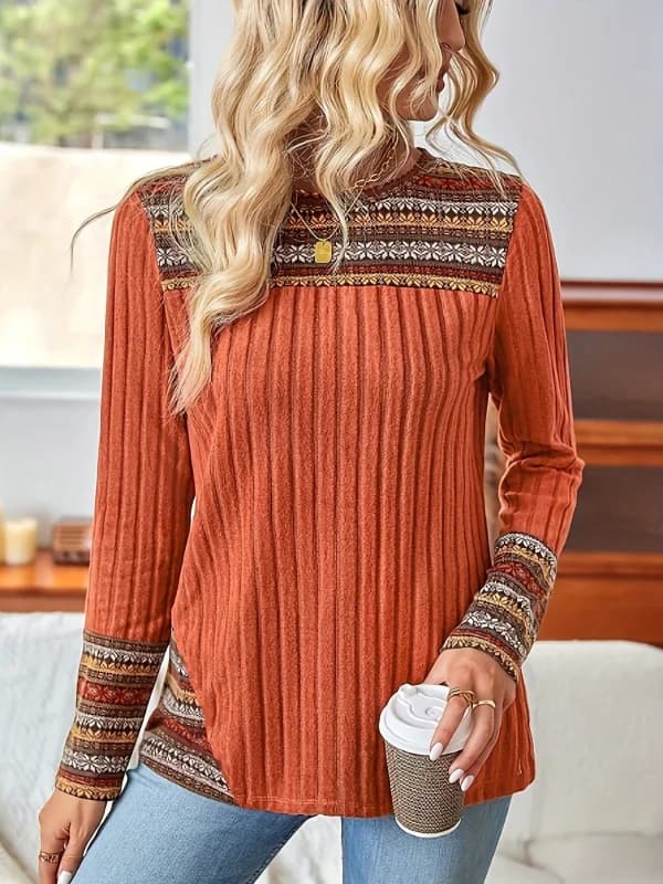 Ethnic Patchwork Ribbed Tunic Blouse