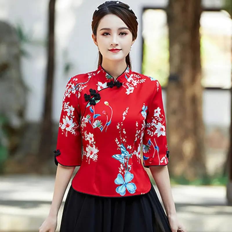Embroidered Qipao Cheongsam Top with Pants Set