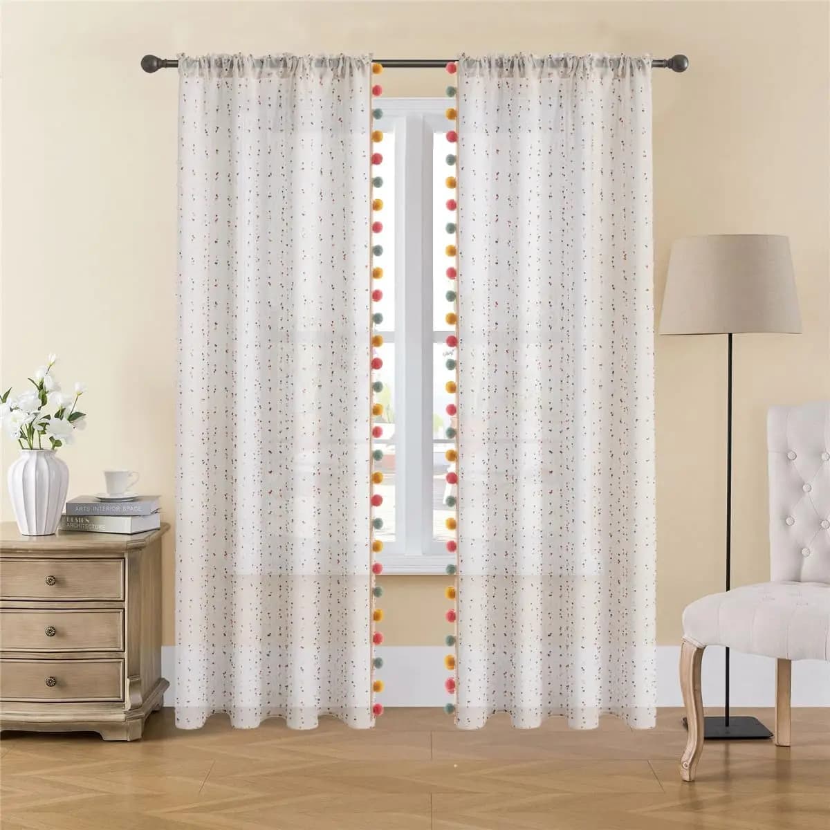 Rainbow Stripe Sheer Curtain Panels with Pompom Trim