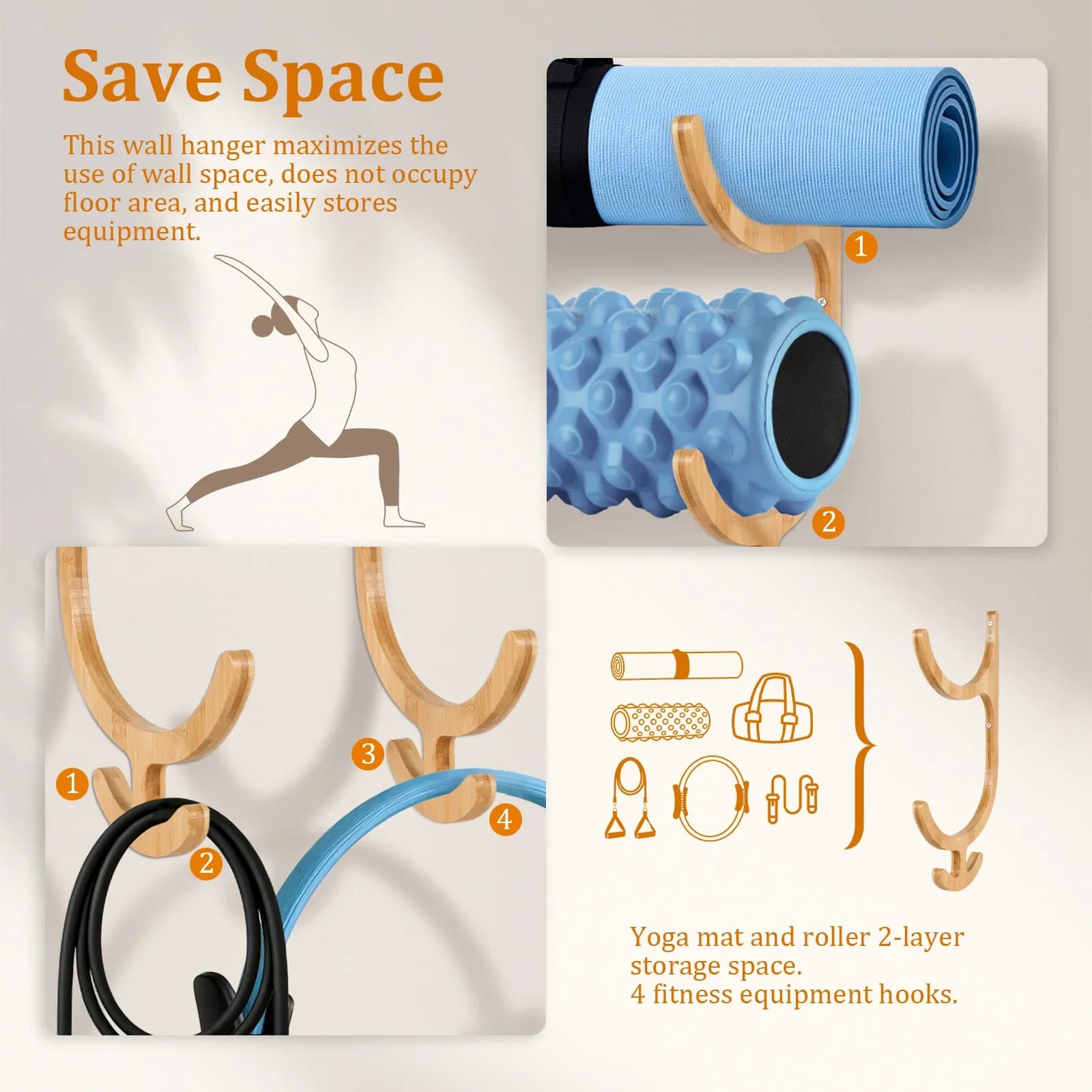 Wood Yoga Mat Wall Mount Rack