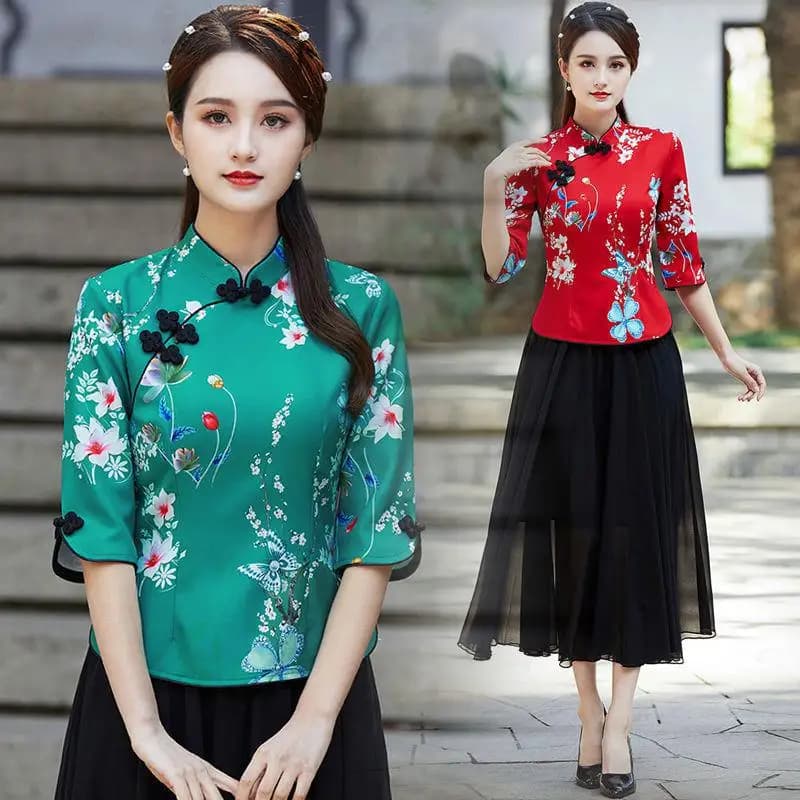Embroidered Qipao Cheongsam Top with Pants Set