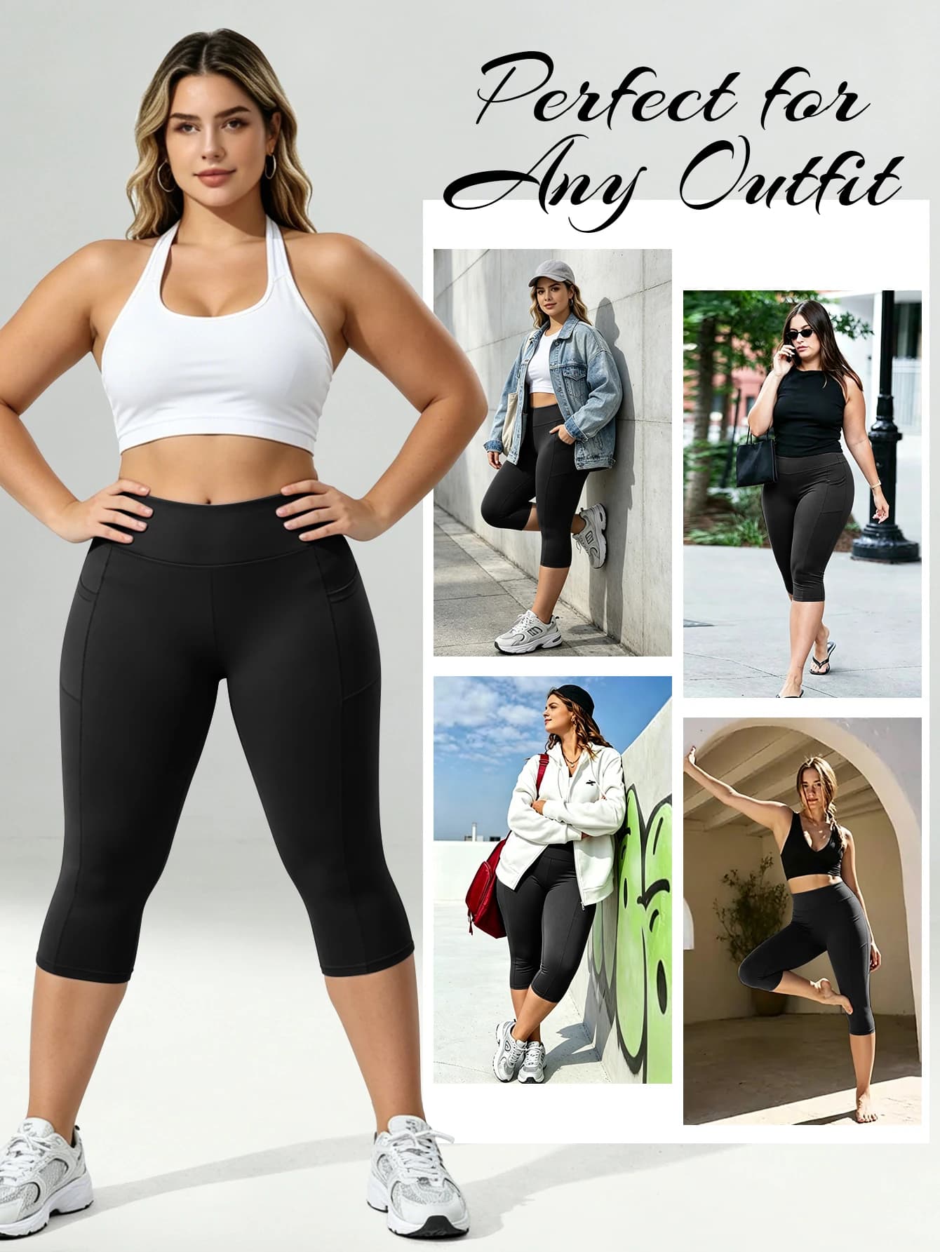Plus Size Capri Leggings with Pockets and Tummy Control