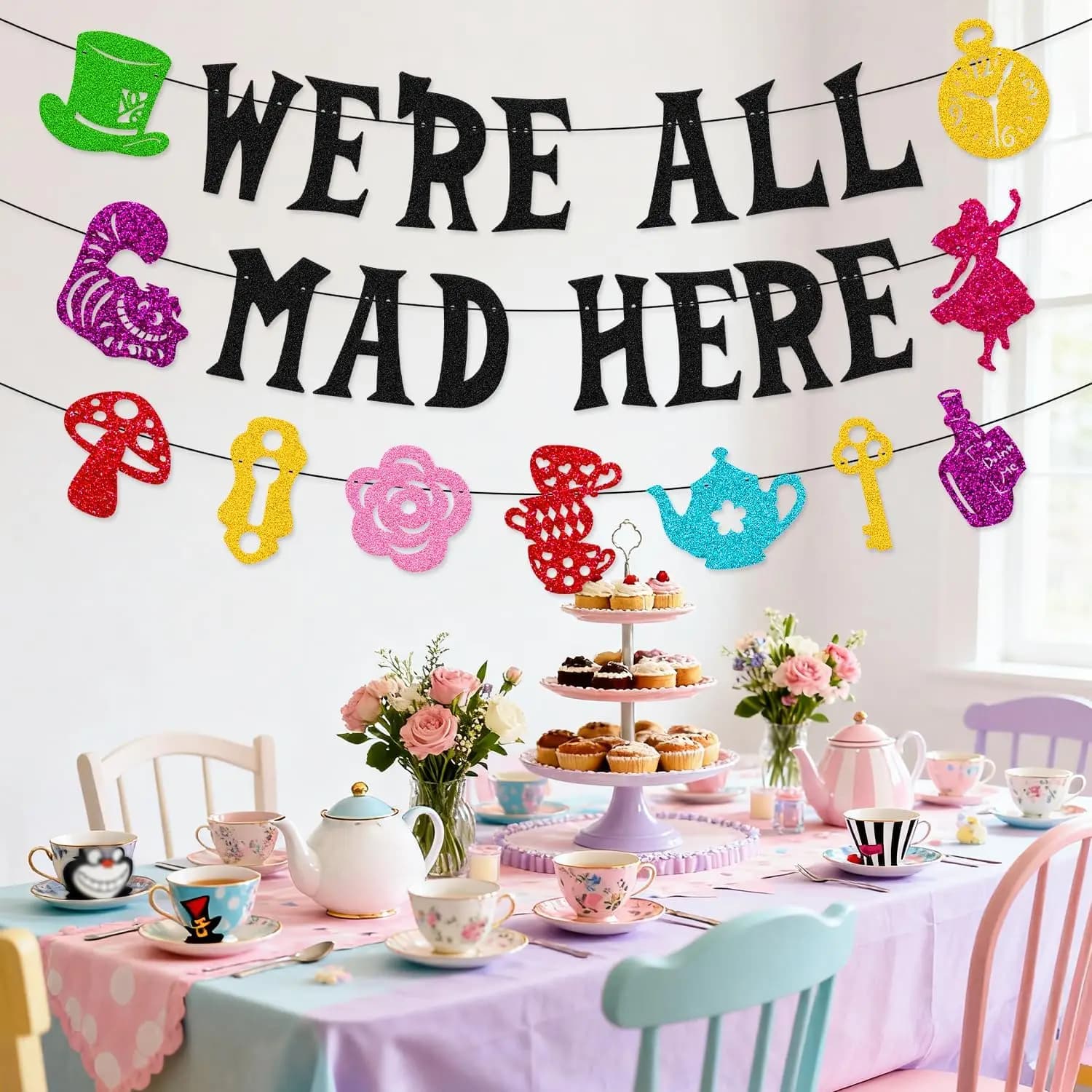 We’re All Mad Here Banner Fantasy One Years Old Birthday Party Decorations Welcome Baby Girl Boy Afternoon Tea Party Supplies