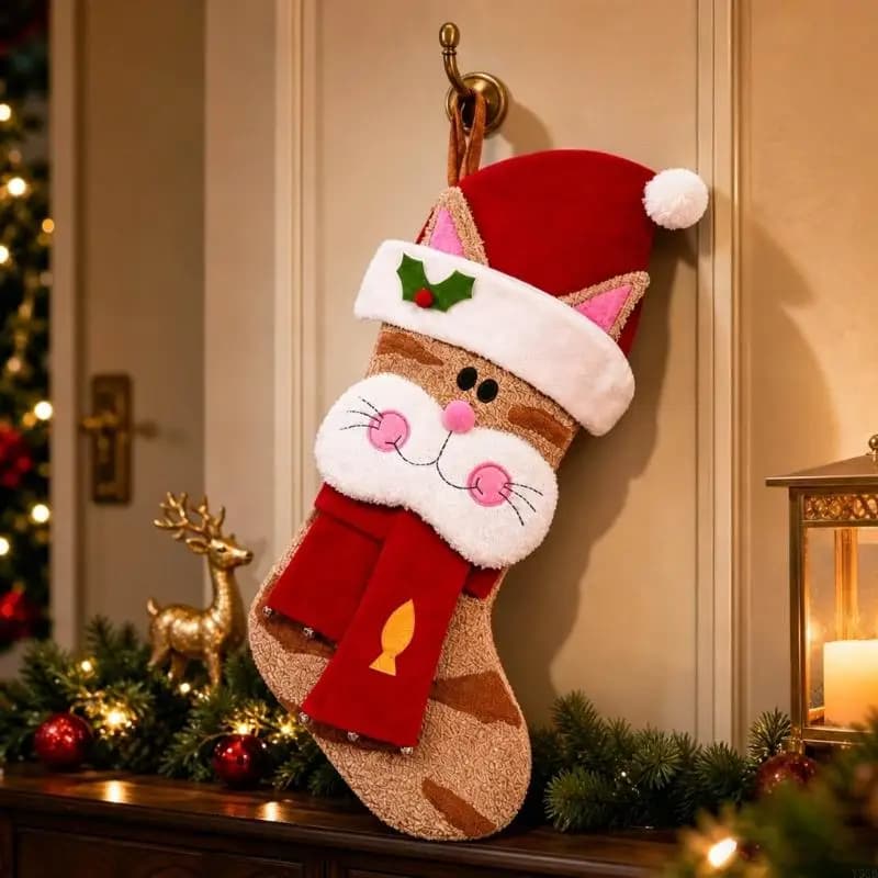Plush Holiday Cat Stocking Decoration