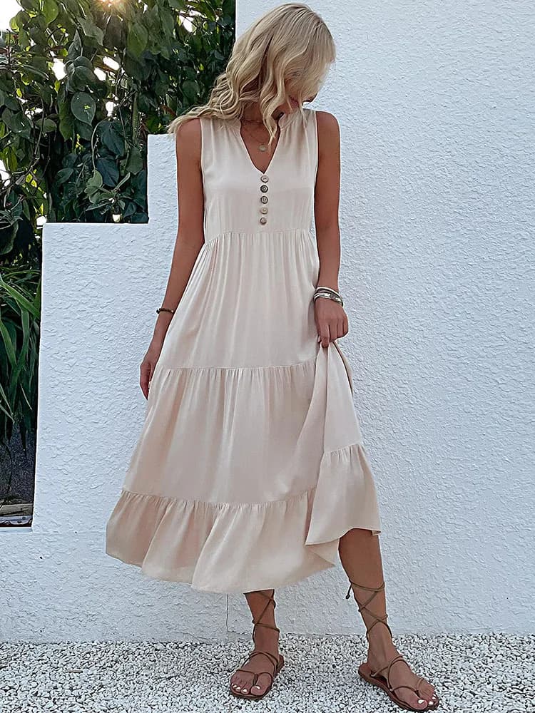 Casual Summer Midi Dress Sleeveless V-Neck
