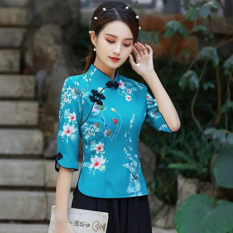 Embroidered Qipao Cheongsam Top with Pants Set