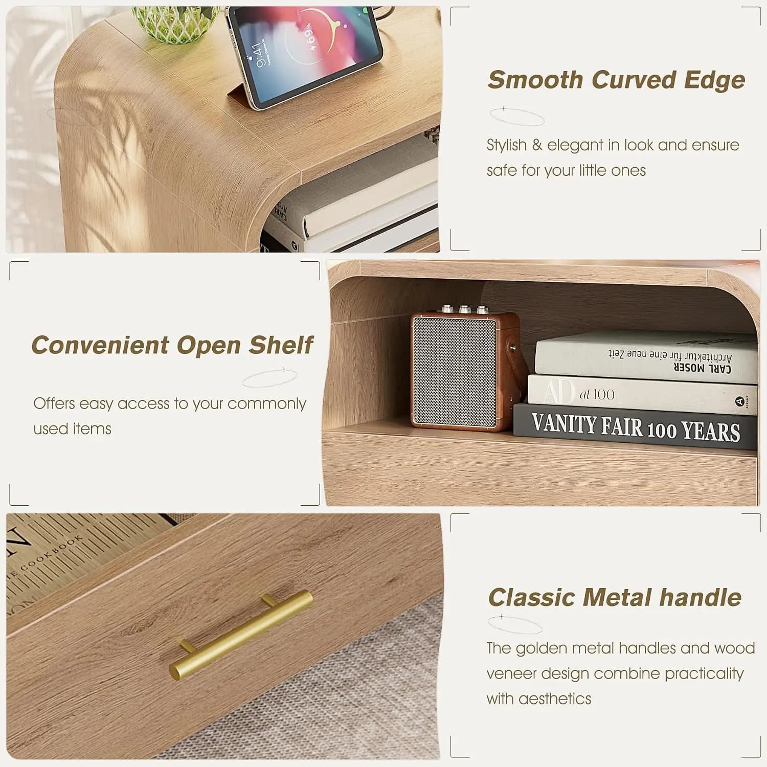 Nightstand w/ Charging Station & 2 Drawers, 25'' Tall Bedside Table, 23.6'' End Table, Curved Profile, Light Oak, Customized