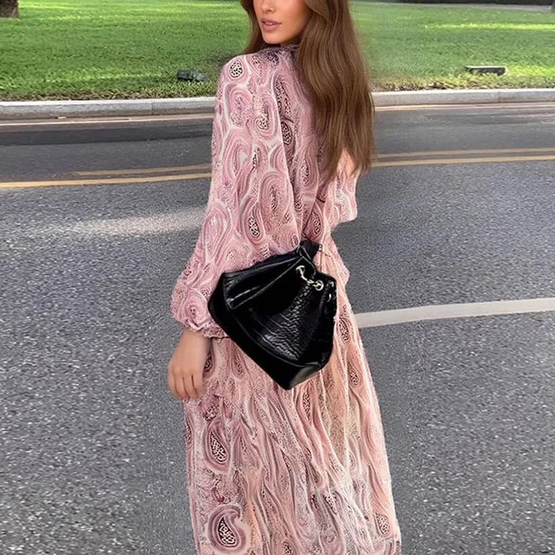 Women Fashion Printed Dresses Female Long Sleeve V-Neck Evening Dress Spring Summer Chic Streetwear Lady Elegant Chiffon Dresses