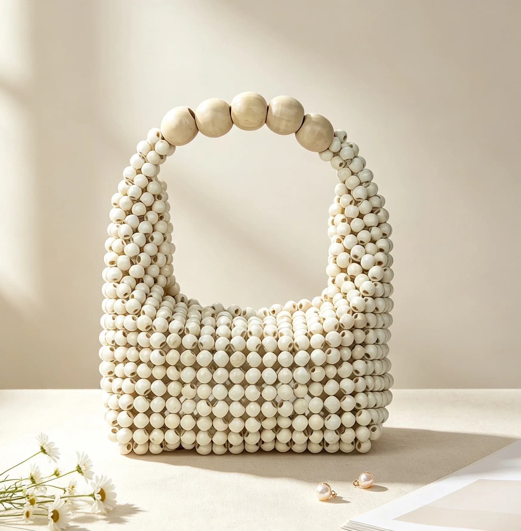 Handmade Beaded Handbag For Women Wooden Bead Bucket Bag Evening Bag Shoulder Bag Beaded Shoulder Bag Female Beach Bag