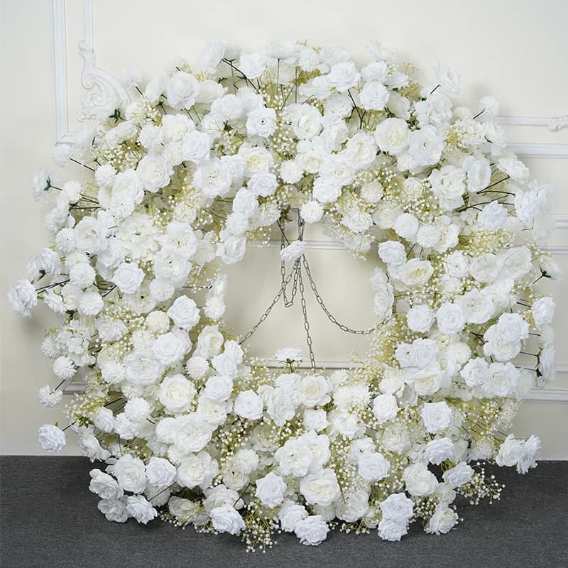 Wedding Backdrop Decor Ceiling Hanging Metal Round Hoop Frame, White Baby Breath, Rose Pompom, Floral Arrangement, Event Flower