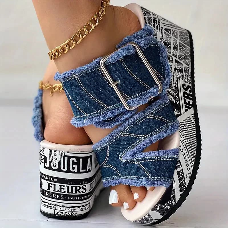 Women's Buckled Denim Platform Wedge Sandals