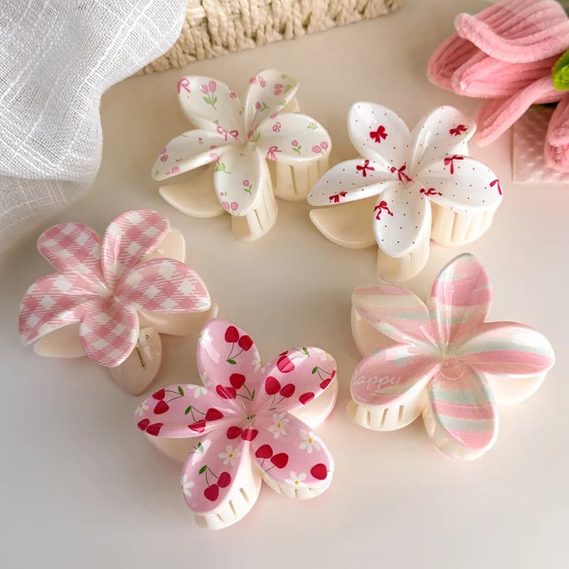 Cute and Pastel Hair Accessories: Checkered Bows, Cherry Blossoms, and Frangipani Hair Clips for Girls (Back-of-Head Hairpins)