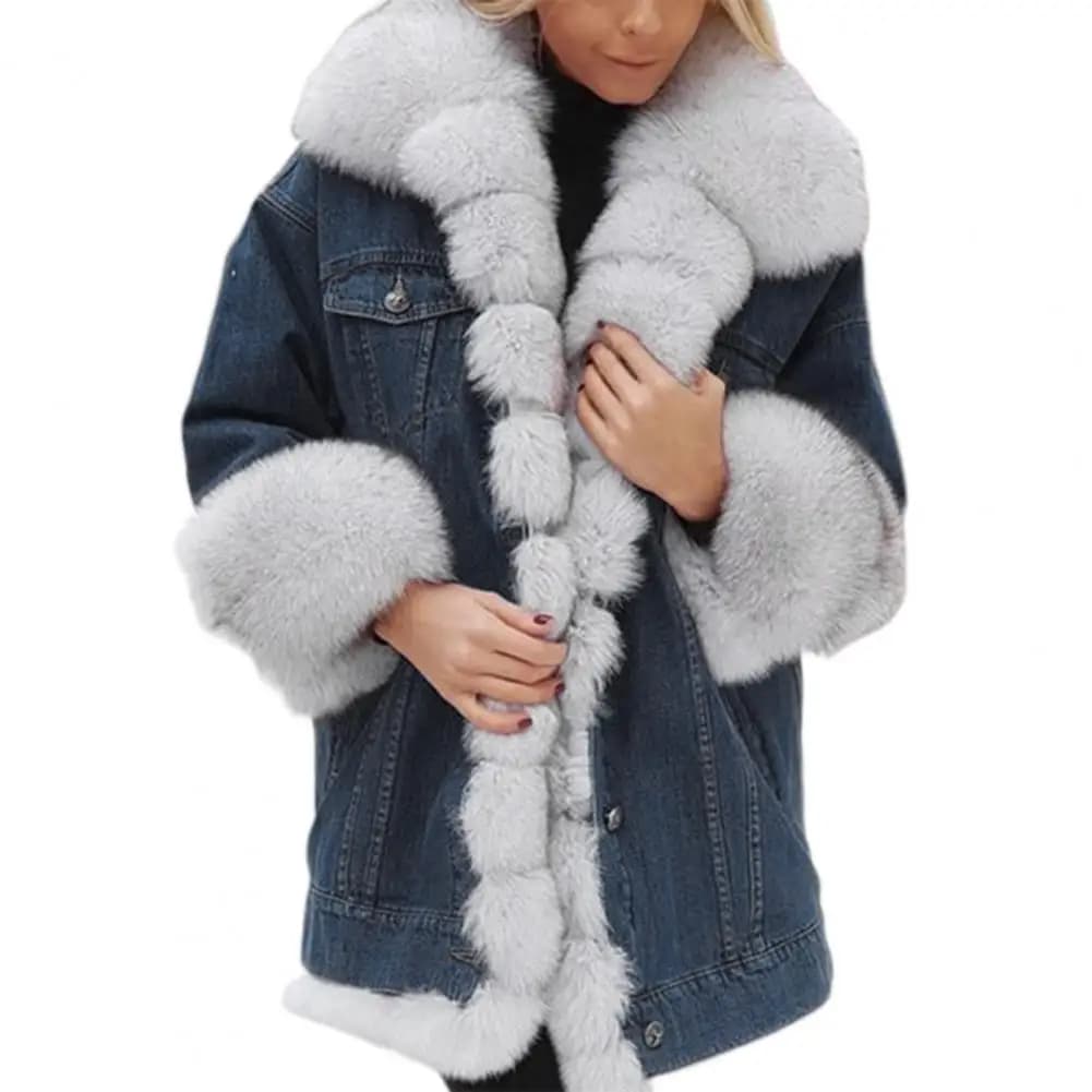 Women's Winter Denim Jacket with Faux Fur Trim