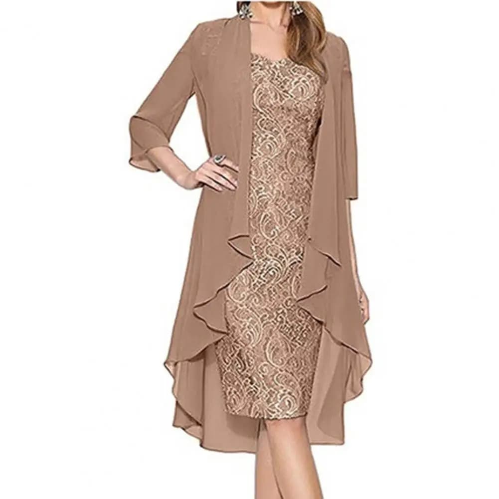 Elegant Lace Flower Pattern Dress with Cardigan