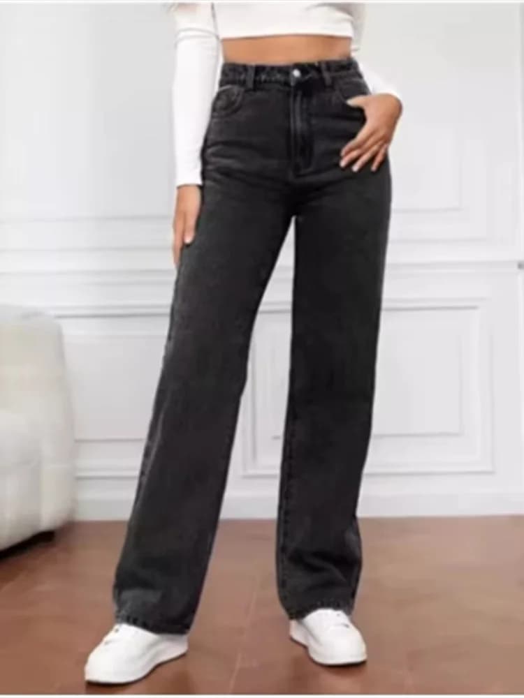 Black High-Waisted Straight Leg Jeans Women's