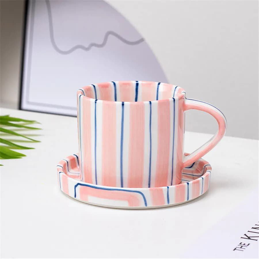 Ceramic Striped Coffee Cup with Plate