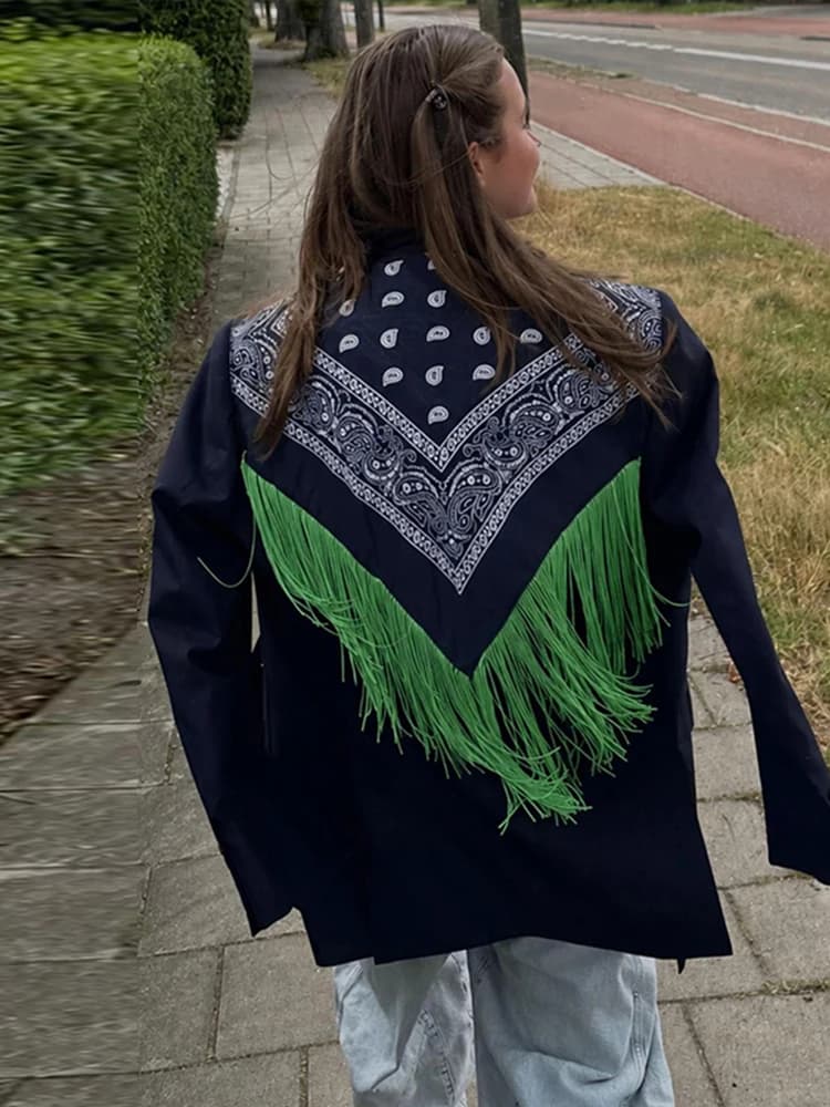 Women's Bandana Print Blazer with Fringe Shawl Back