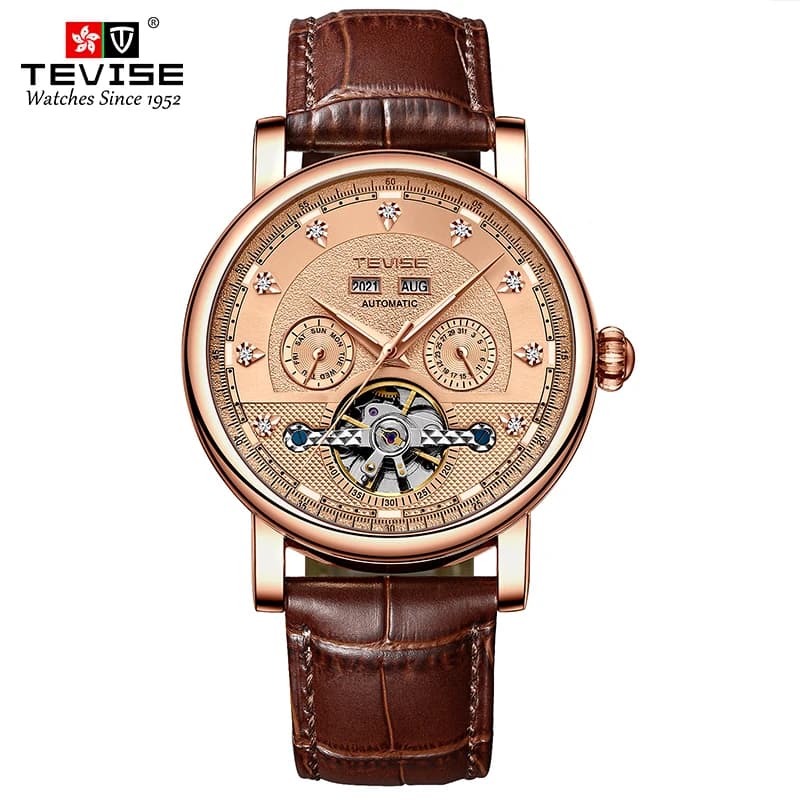 TEVISE Watch for Man Automatic Mechanical Movement Casual Leather Wristwatch Luminous Waterproof Business Gift