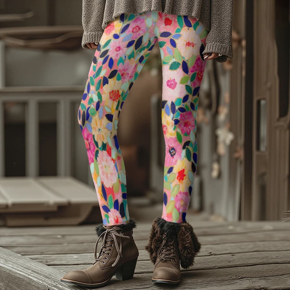 Colorful Blooming Flowers Pattern Women's Leggings Autumn Winter Warm Fashion Tights Stylish Outdoor Look Fashion Streetwear