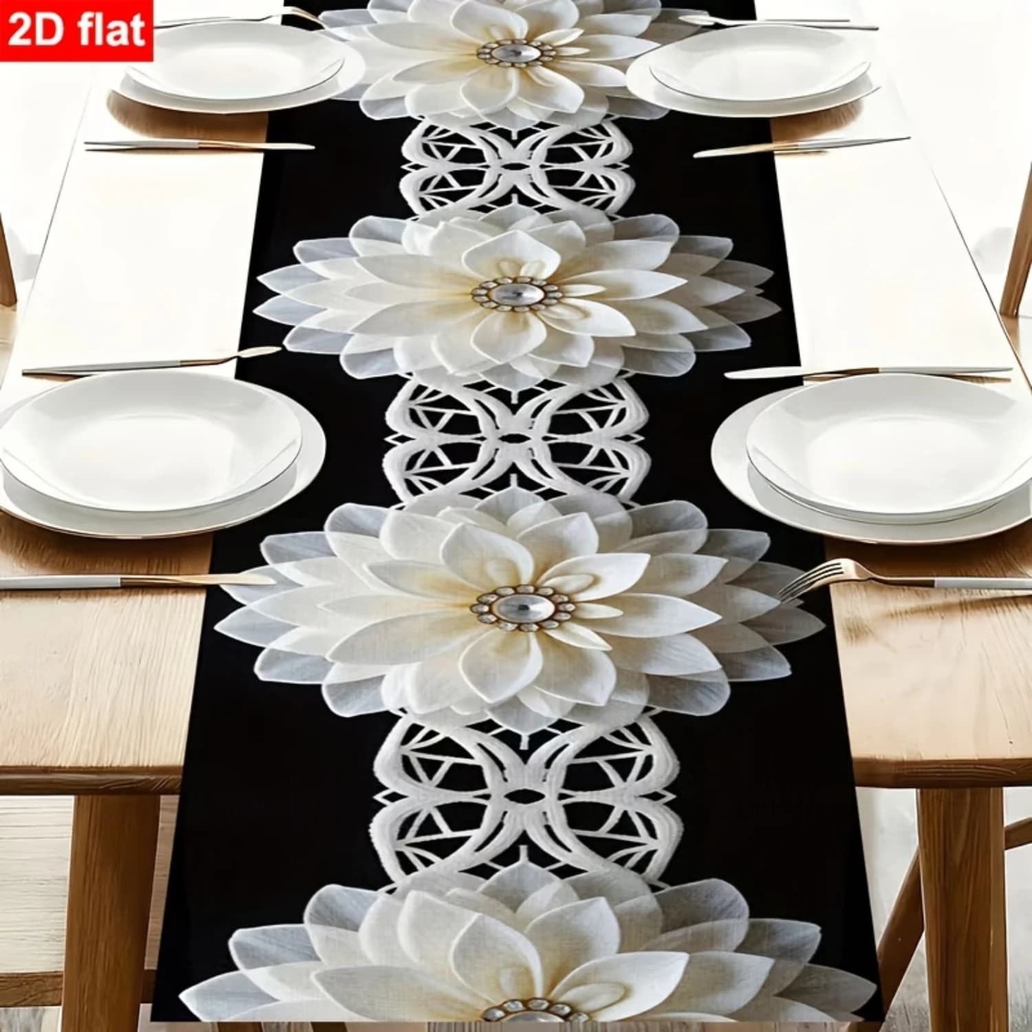 White Floral Linen Table Runner