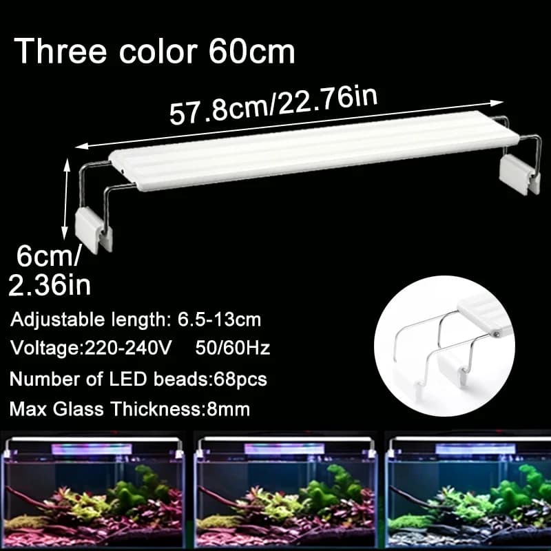 Aquarium LED Fish Tank Light, 3 Color Full Spectrum Adjustable Water Plant Lamp, Telescopic Clip-On Light for 18-75cm Aquariums