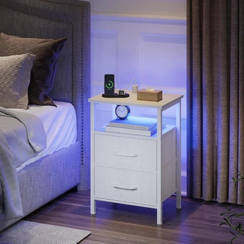 Nightstands Set Charging Station Cool Lights Bedside Table Fabric Drawers Bedroom Small Side End Table With Open Shelf Greige