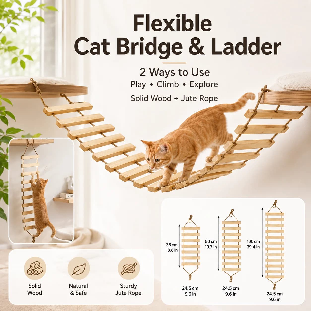 Natural Wood Cat Climbing Ladder Bridge